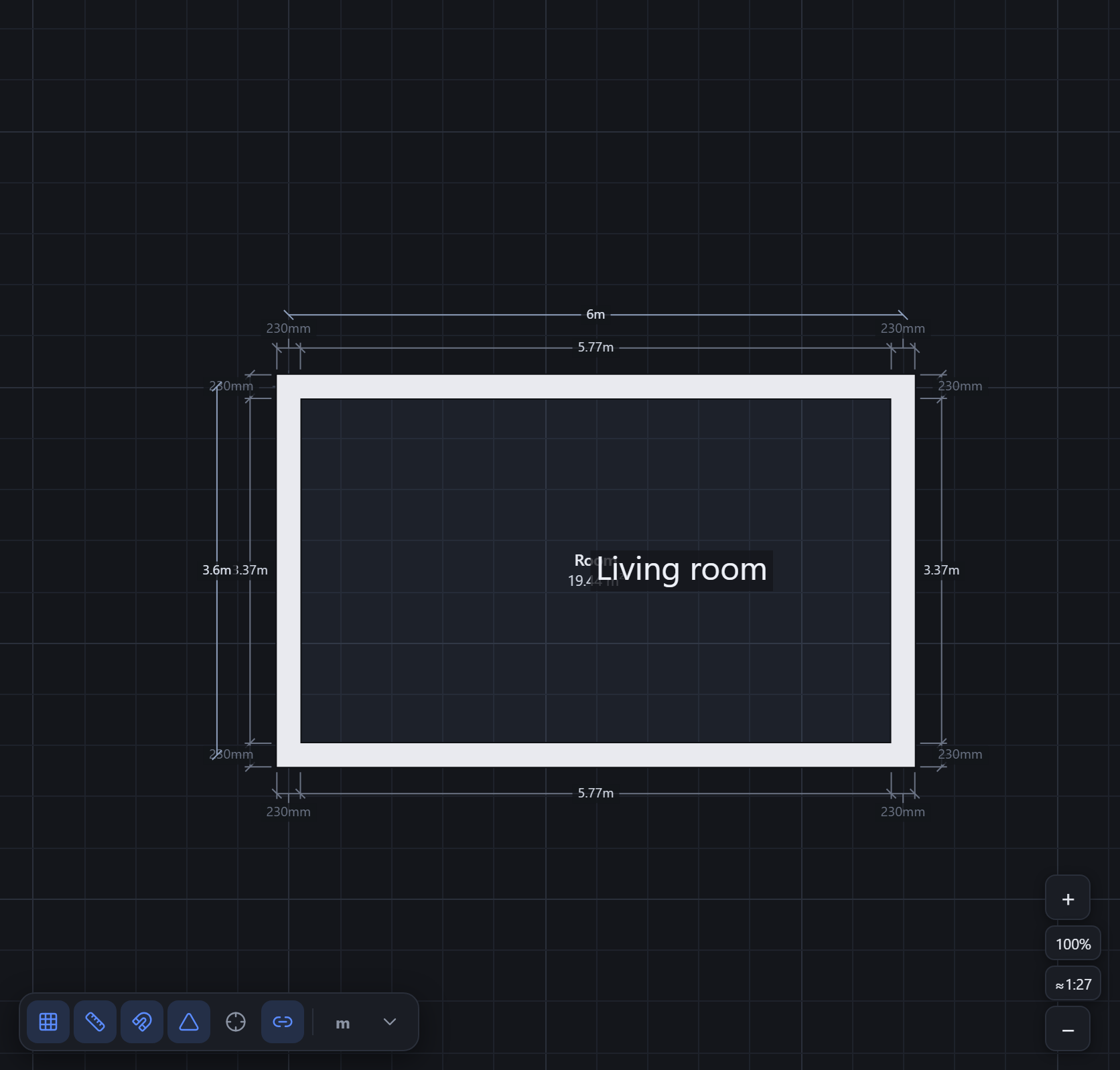 A room with overall width and height dimension lines and a centred text label reading Living room.