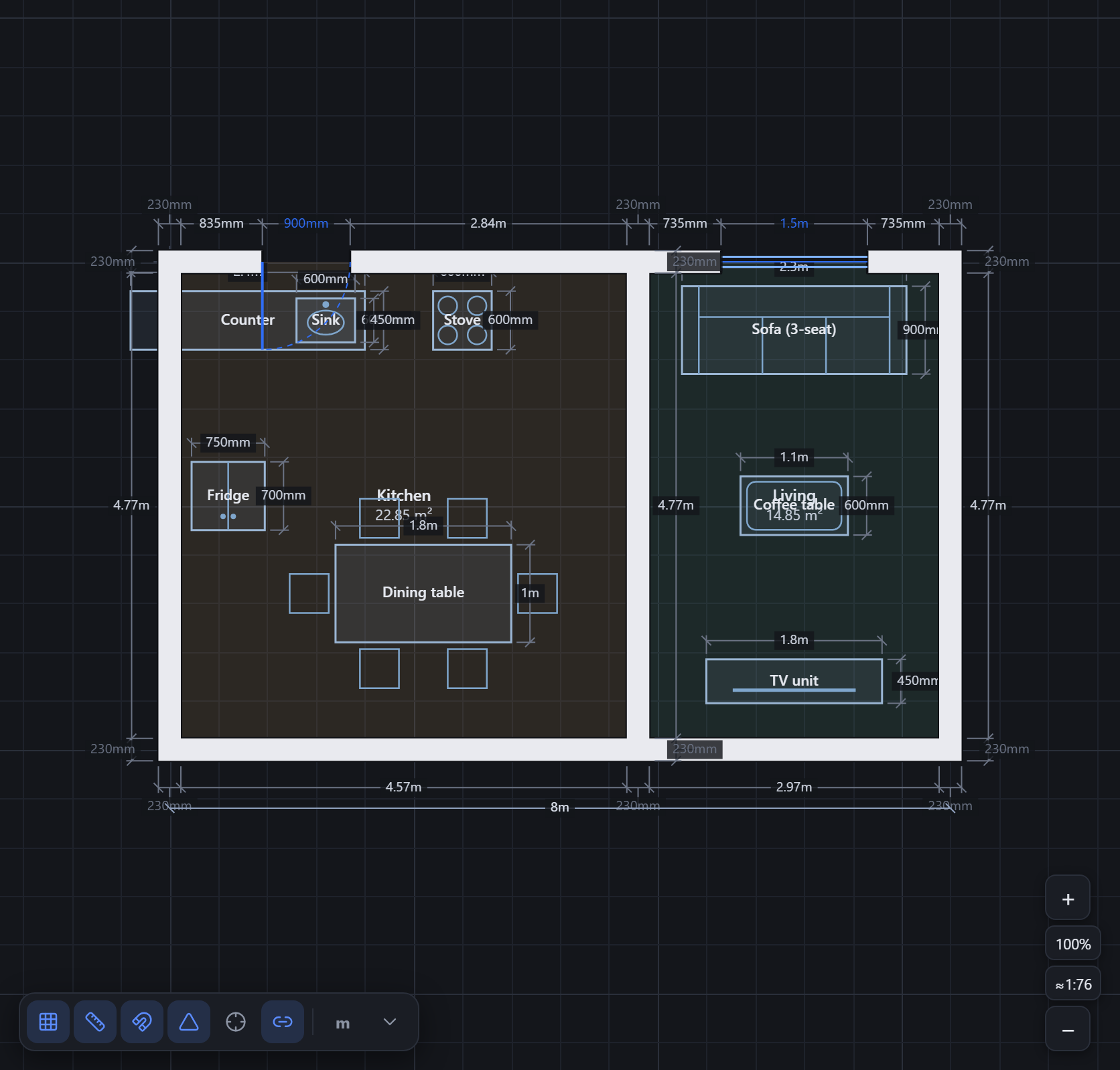 The Tarkhan editor showing a furnished two-room floor plan with a kitchen and living room, dimensions and labelled areas on a dark grid.