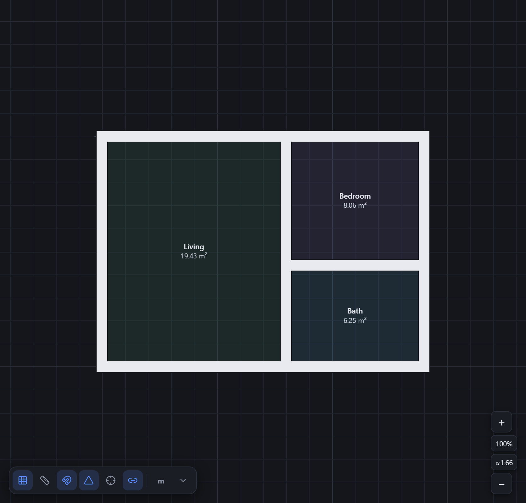 Three colour-coded rooms — living, bedroom and bath — each labelled with its area in square metres.