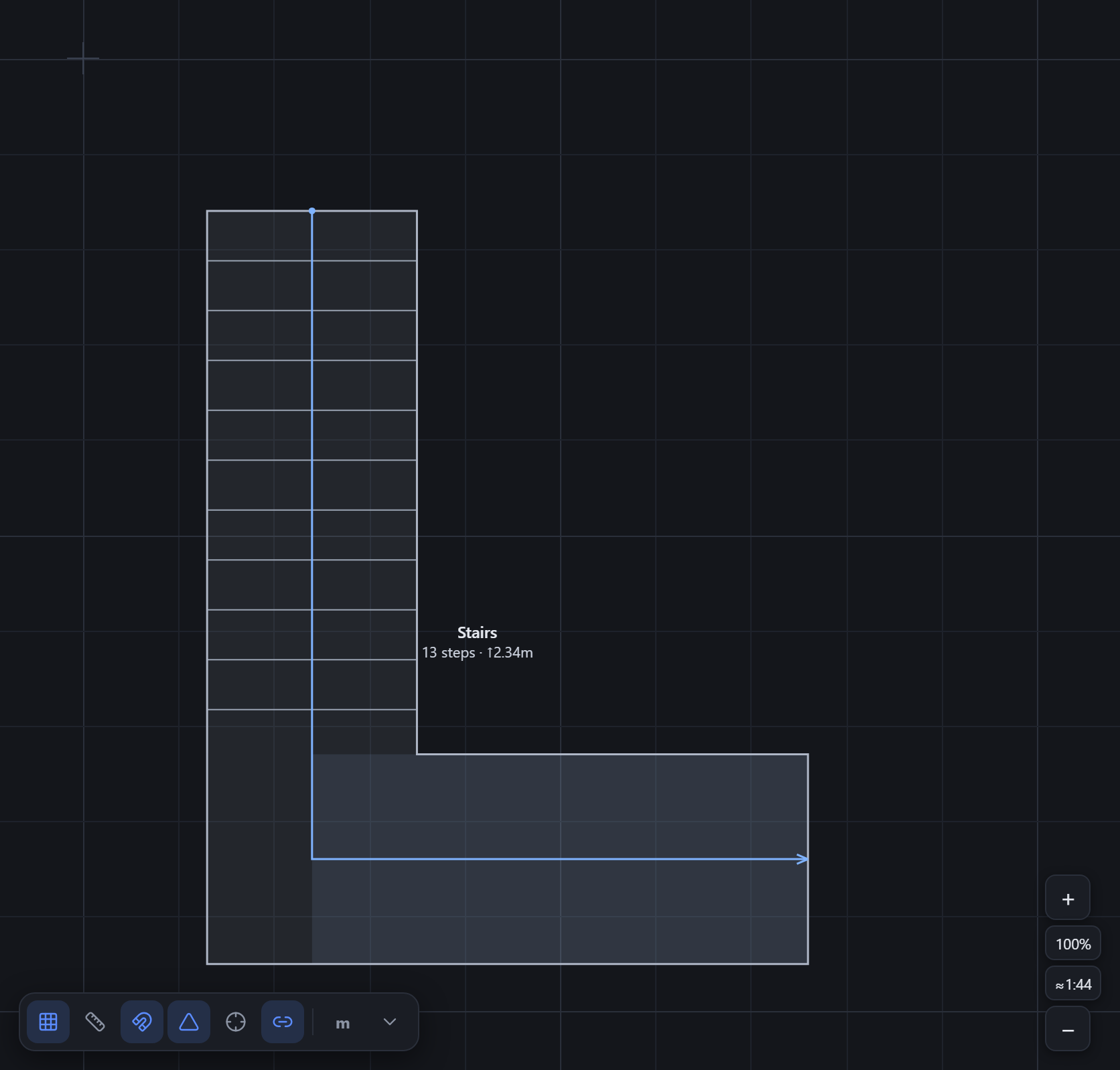 An L-shaped staircase with evenly spaced treads, a landing and a direction arrow, labelled with its step count.