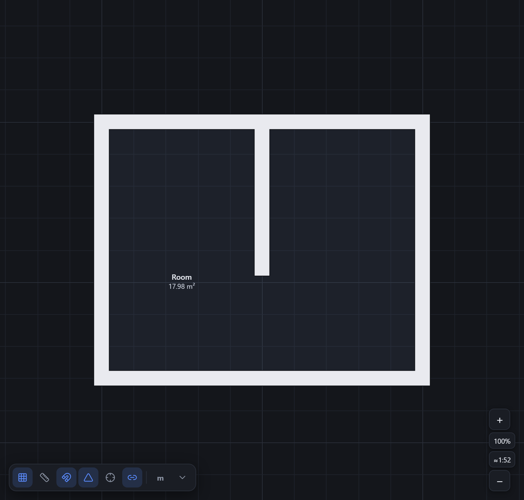 A rectangular room with an interior wall meeting an exterior wall at a T-junction.
